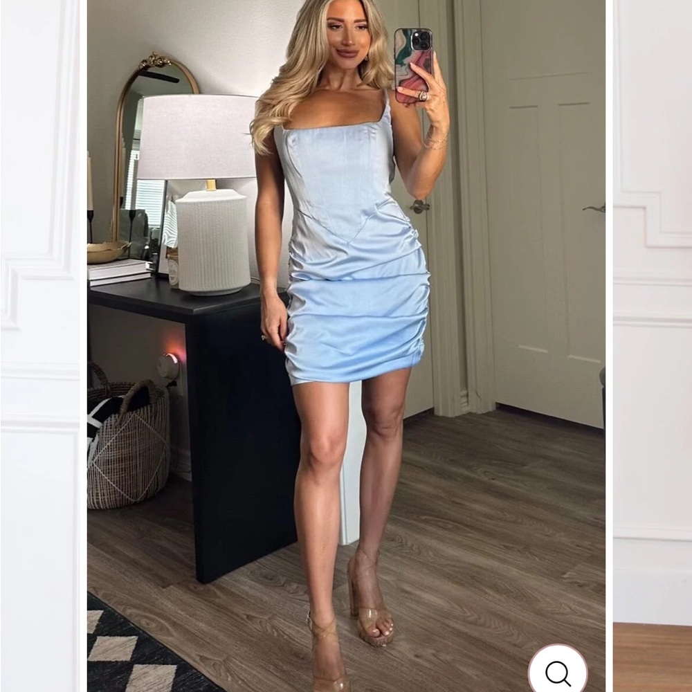 NWT Elegant Blue Ruched Satin Dress